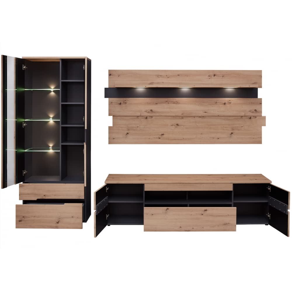 MEMPHIS Wohnwand Komplett-Set in Artisan-Eiche Optik mit LED-Beleuchtung (287x197x47cm)