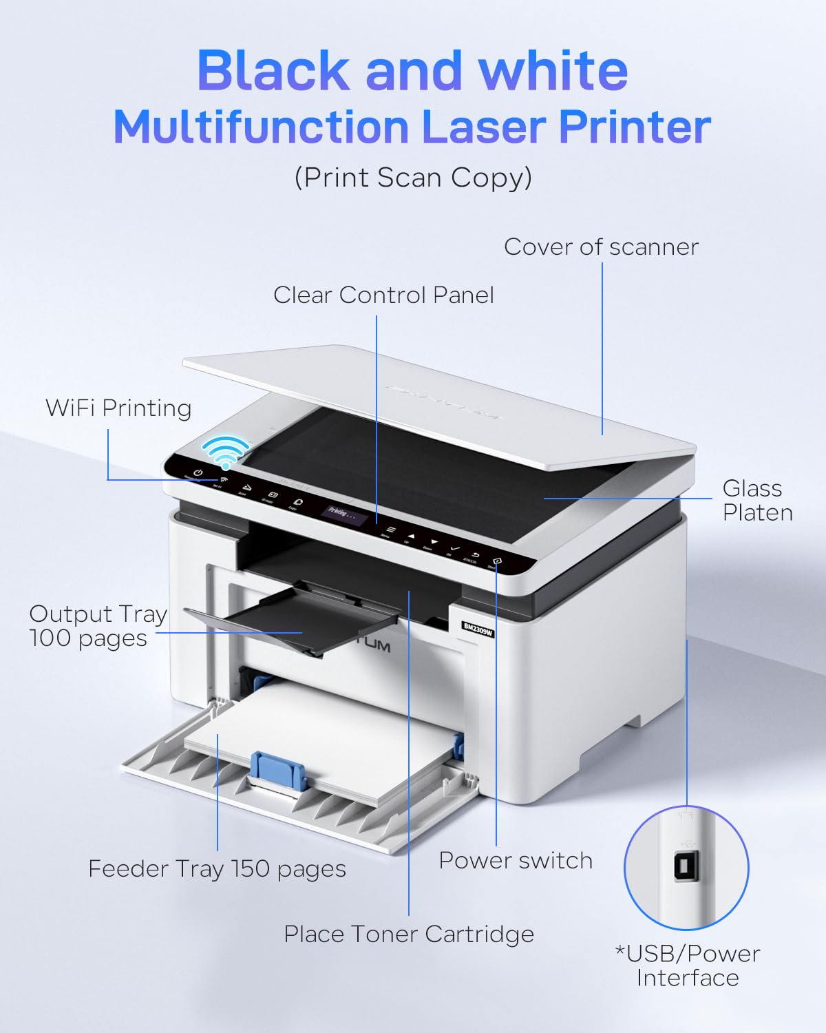 PANTUM (BM2309W) 3-in-1 Multifunction Device | Laser Printer, Scanner, Copier: Wi-Fi, AirPrint