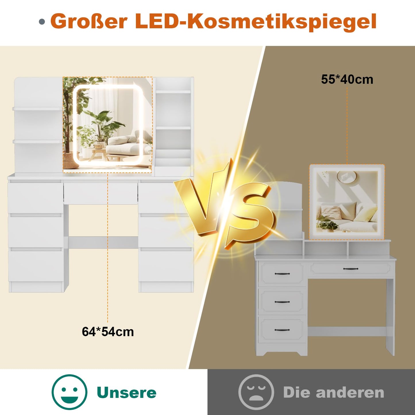 TRIUMPHKEY Schminktisch mit LED-Beleuchtung | 7 Schubladen, Touch-Spiegel