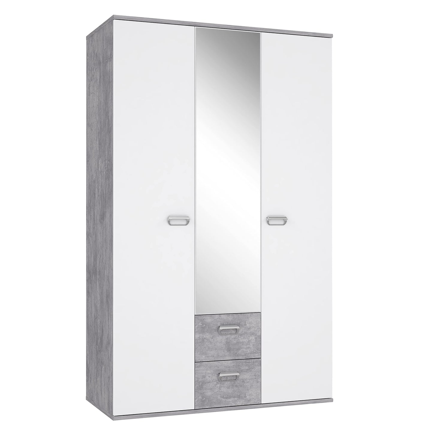 Wardrobe 'EMILY' with concrete look and mirror: light grey with white (Model: EMLS95-C251)