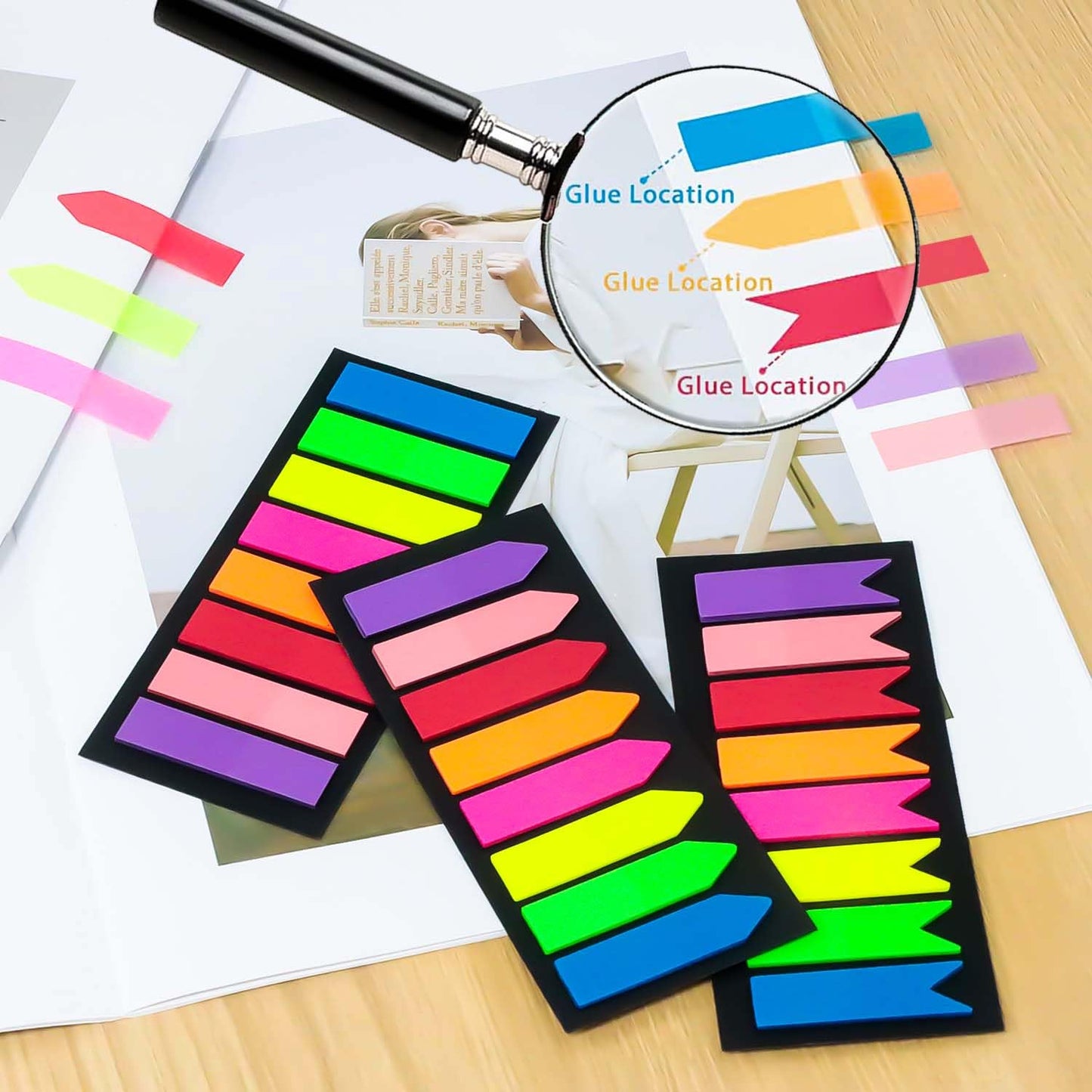 Sticky-Notes Haftstreifen (1200 Stück): Seitenmarker - 3 Designs, 8 Farben