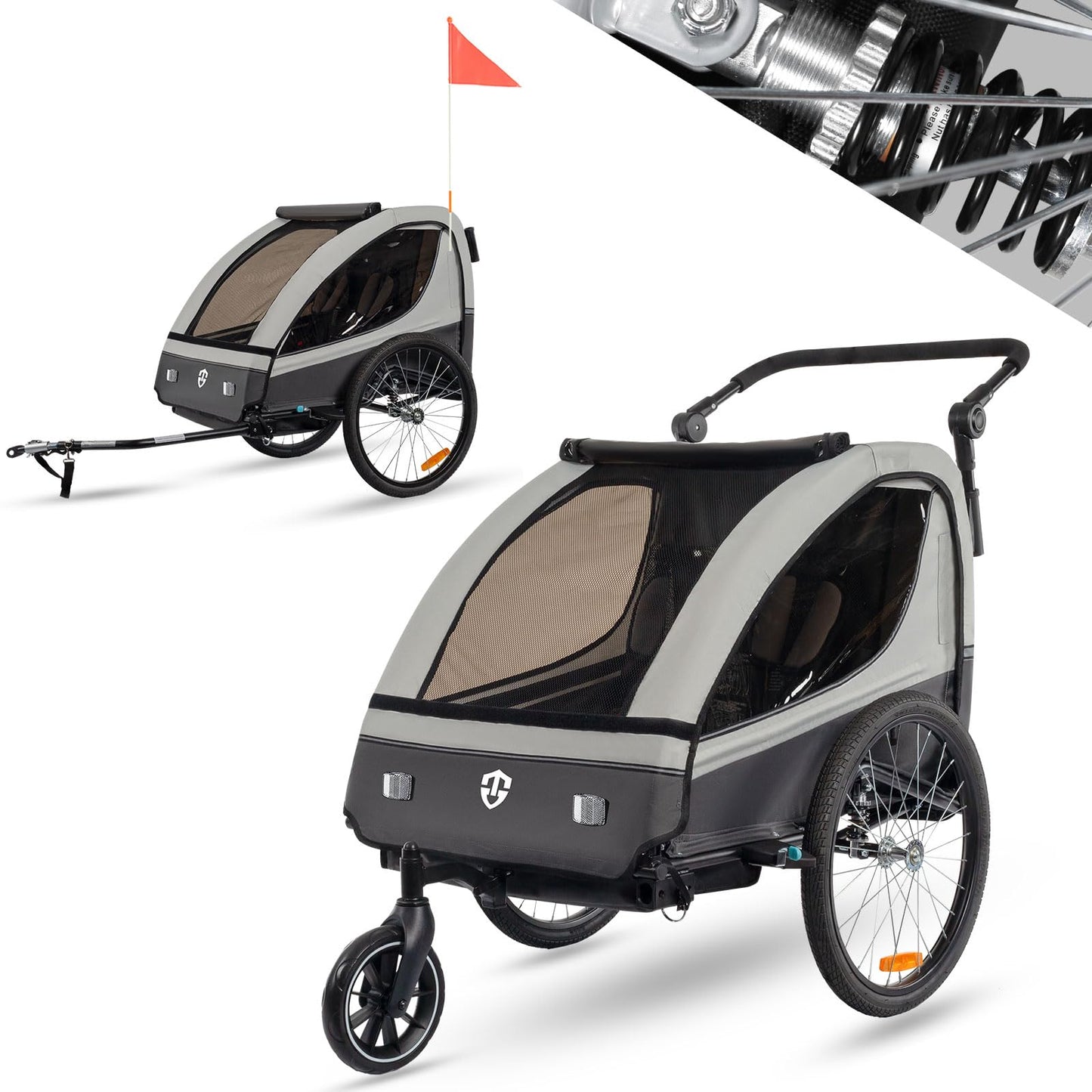 Tiggo 2-in-1 Fahrradanhänger mit Buggy-Set: 360° Drehbar mit Federung - max. 40kg (Grau)