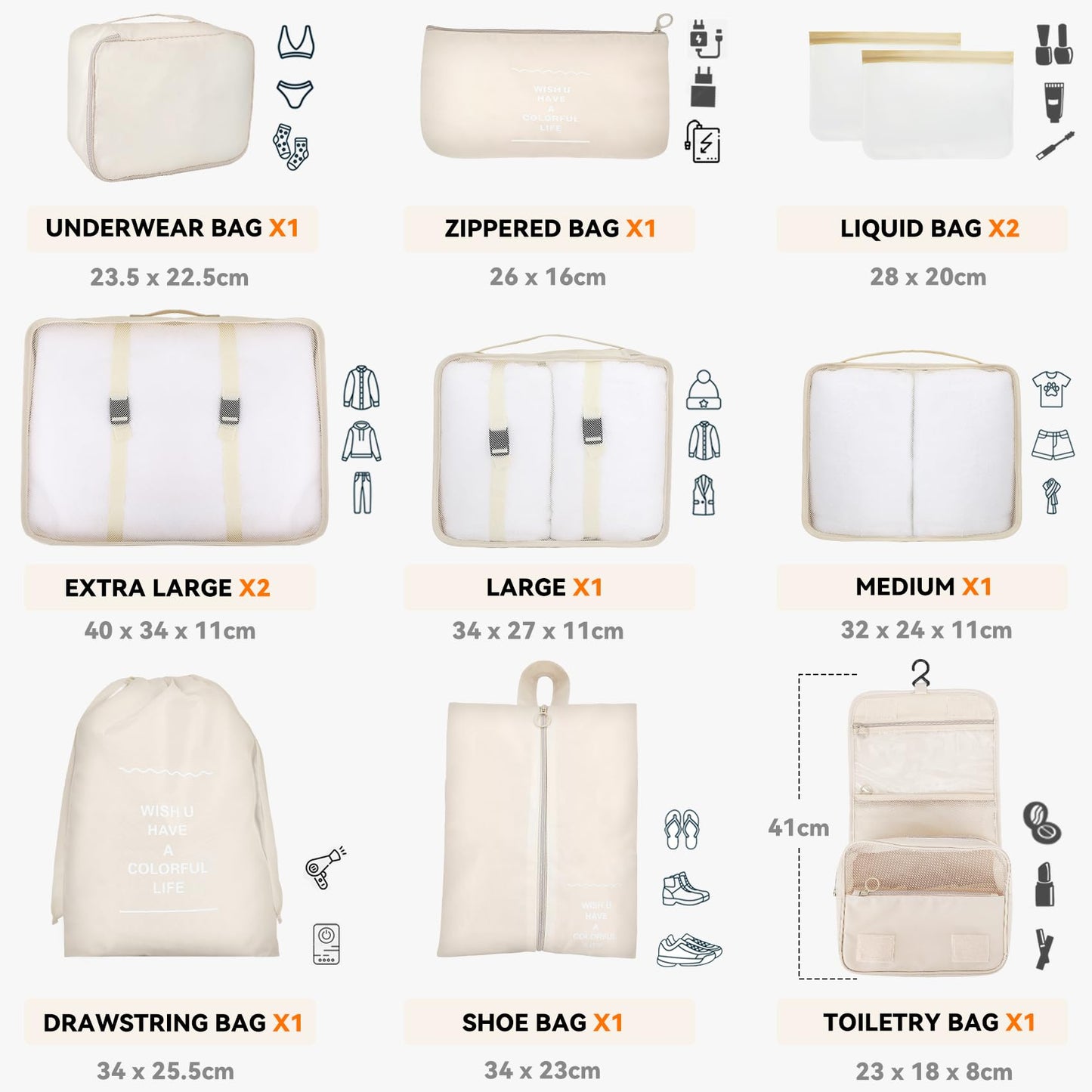 WECUTE Koffer Organizer-Set (11-teilig): Wasserdichte Reise-Kleidertaschen (Khaki)