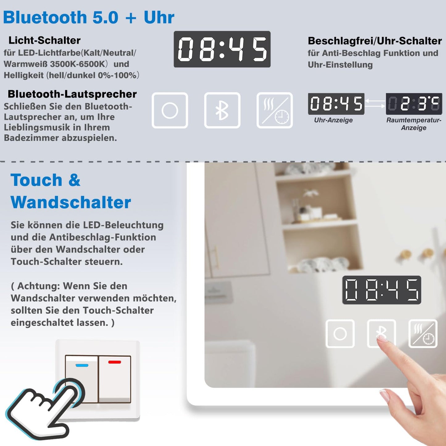 LED Badspeigel (160×80cm) mit Bluetooth & Memory-Touchschalter: Dimmbar, Anti-Beschlag