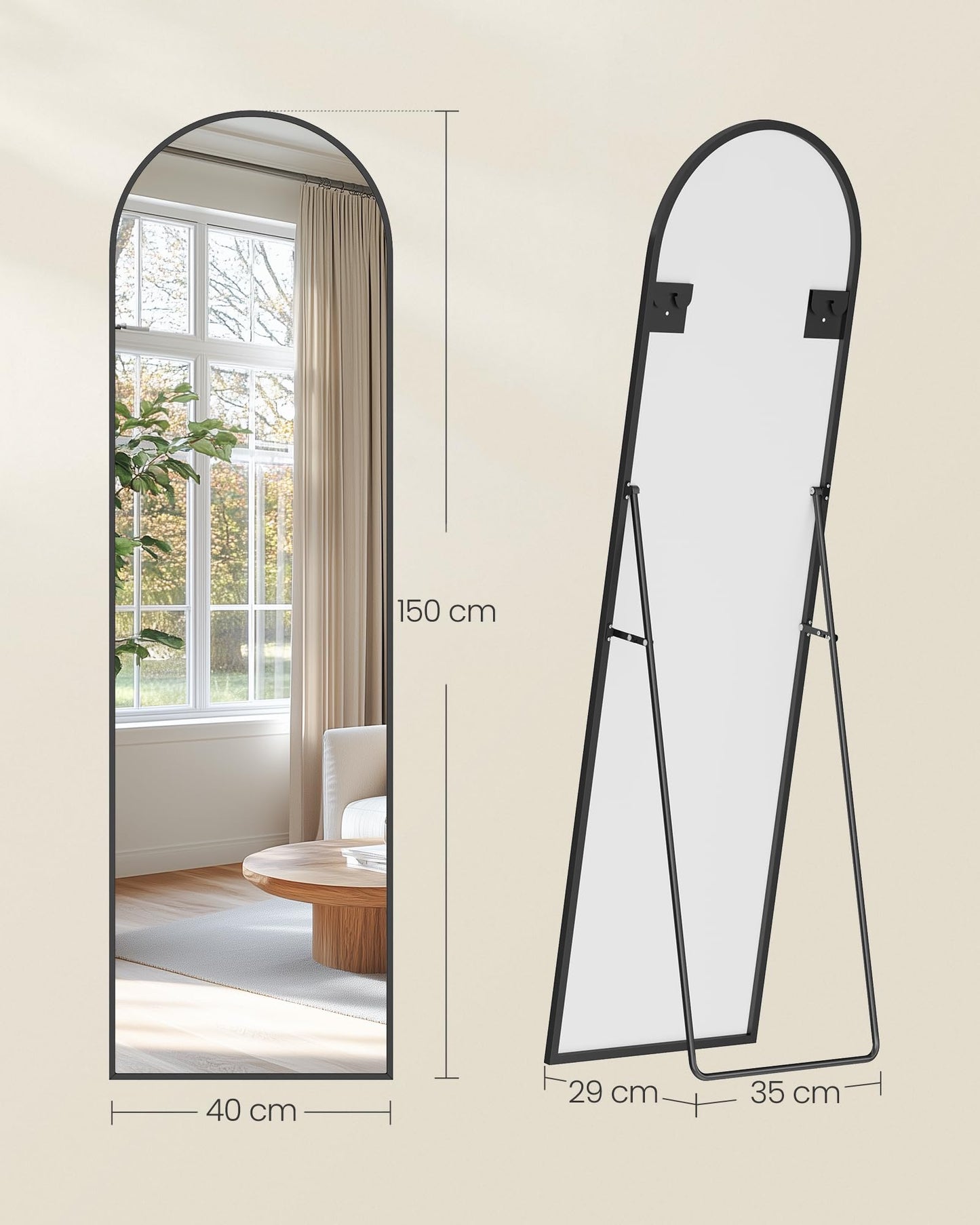 SONGMICS curved full-length mirror: aluminum alloy frame, tempered glass
