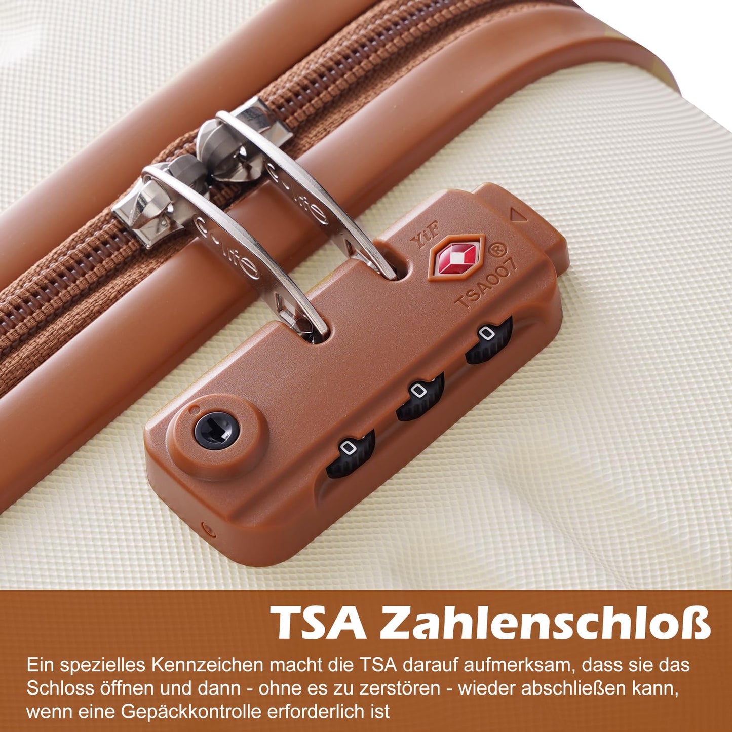 COOLIFE hard-shell travel suitcase set (5 pieces): ABS, 4 wheels, TSA lock | White-brown