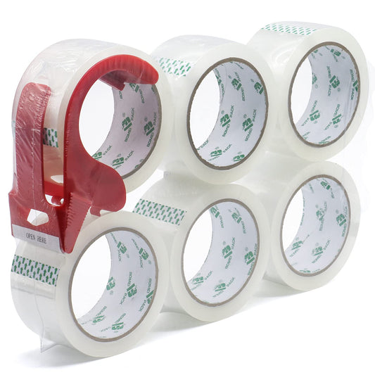 BOMEI PACK Paketband Set | 6 Rollen klar à 66m + Abroller, vielseitig & leicht abrollbar