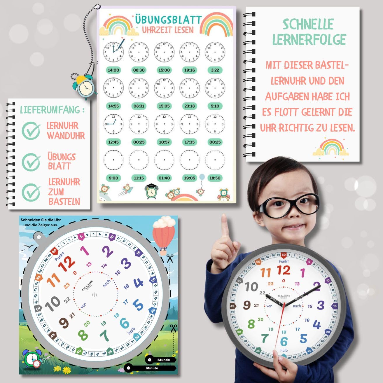 Bada Bing Montessori Wanduhr für Kinder mit bruchfeste Acrylglasscheibe: Lernuhr ohne Tickgeräusche