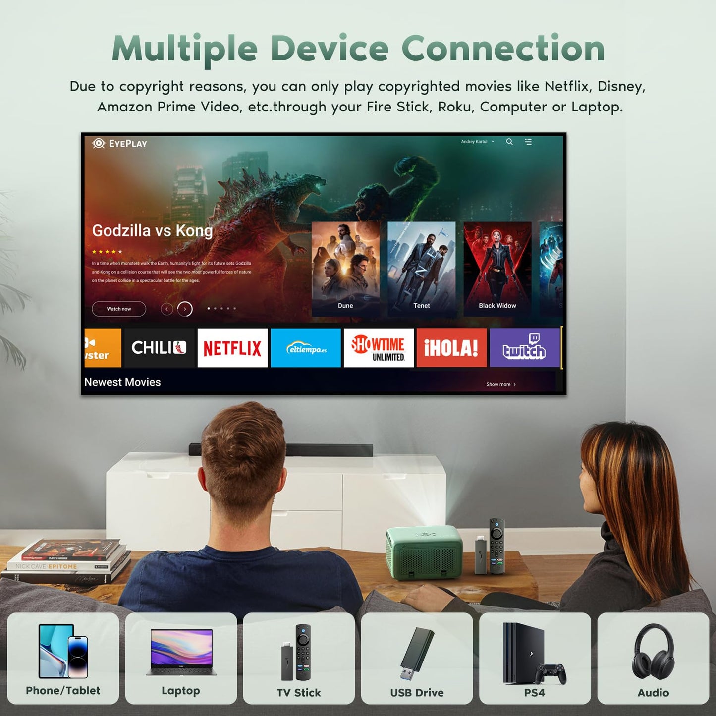 4K mini projector with WiFi6, Bluetooth: Native 1080P | Compatible with Smartphone HDMI USB Fire TV Stick