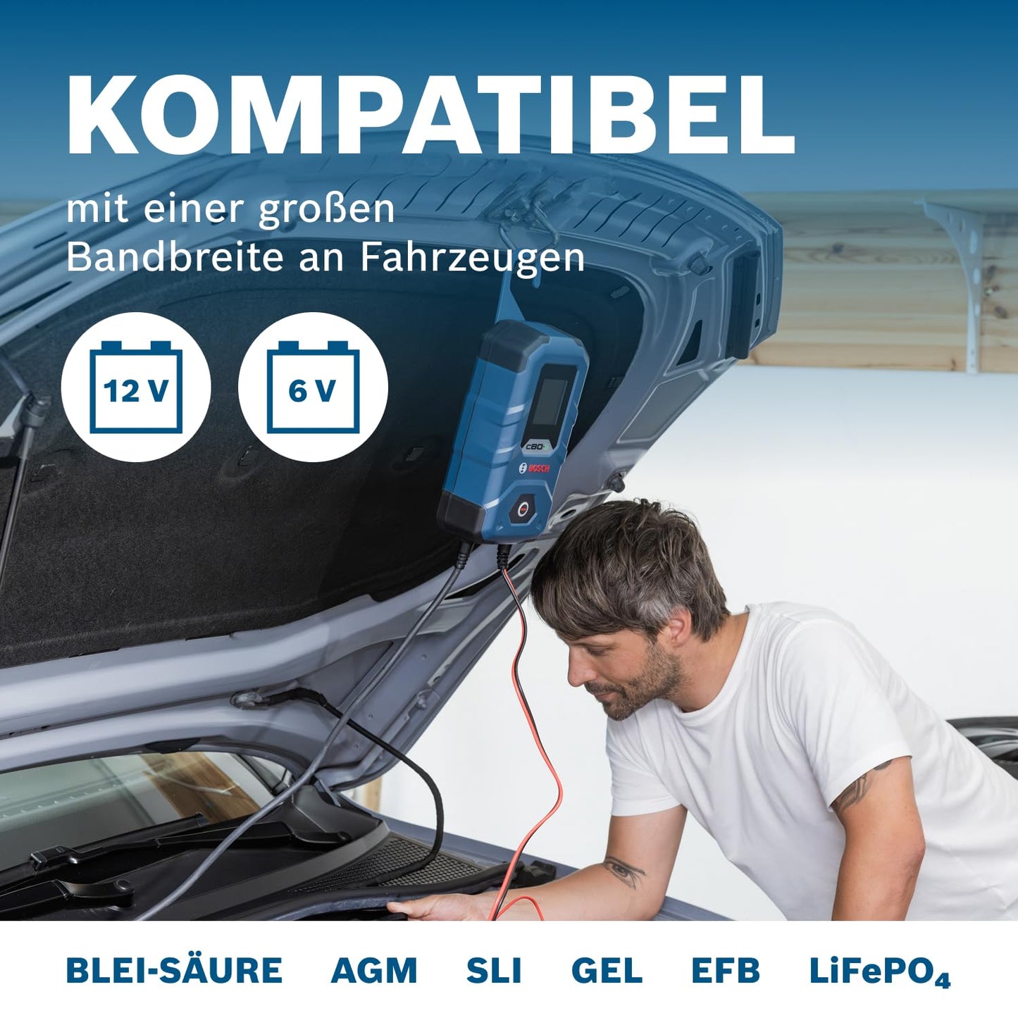 Bosch (C80-Li) Autobatterie-Ladegerät mit Erhaltungsladungs-Funktion für 6V-12V