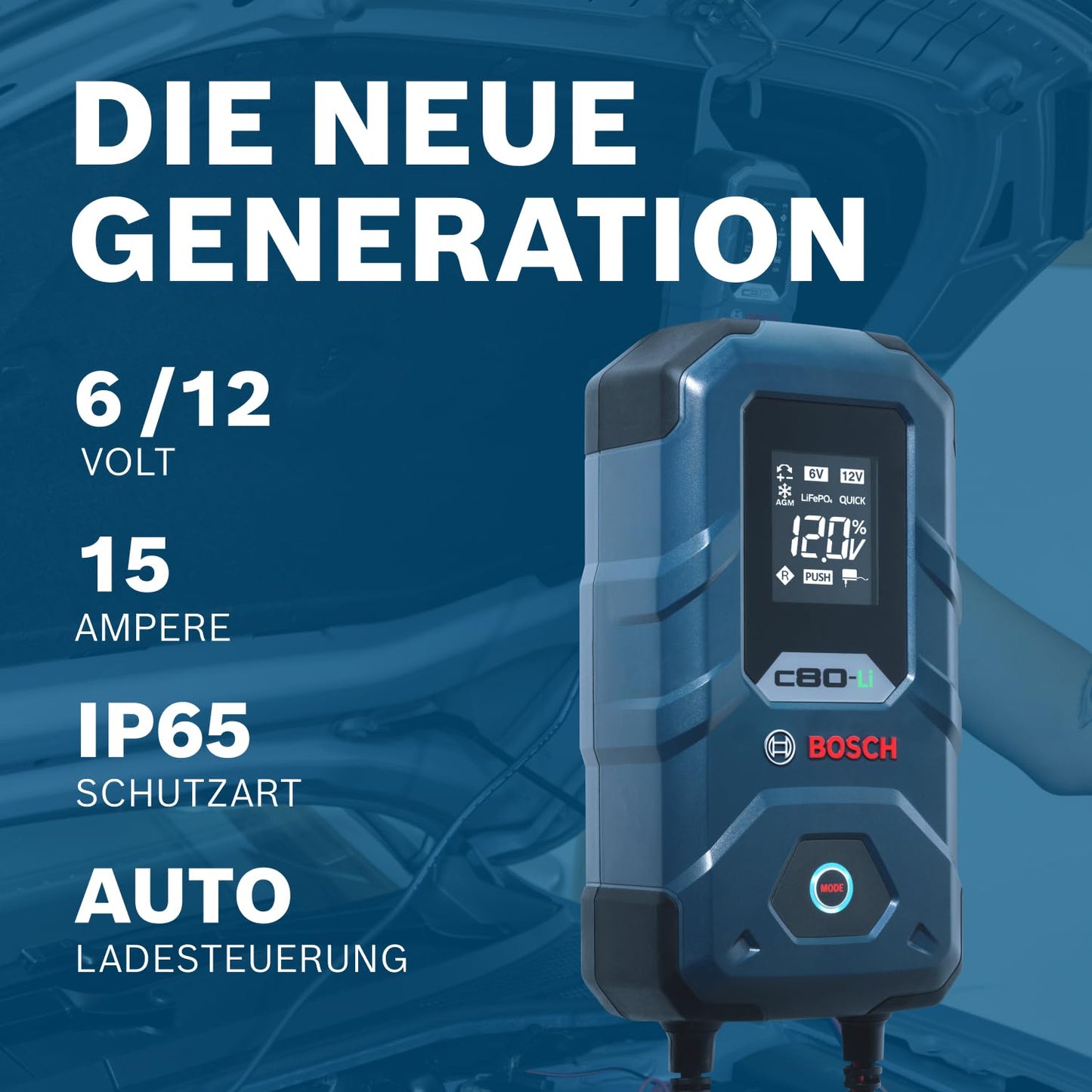 Bosch (C80-Li) Autobatterie-Ladegerät mit Erhaltungsladungs-Funktion für 6V-12V