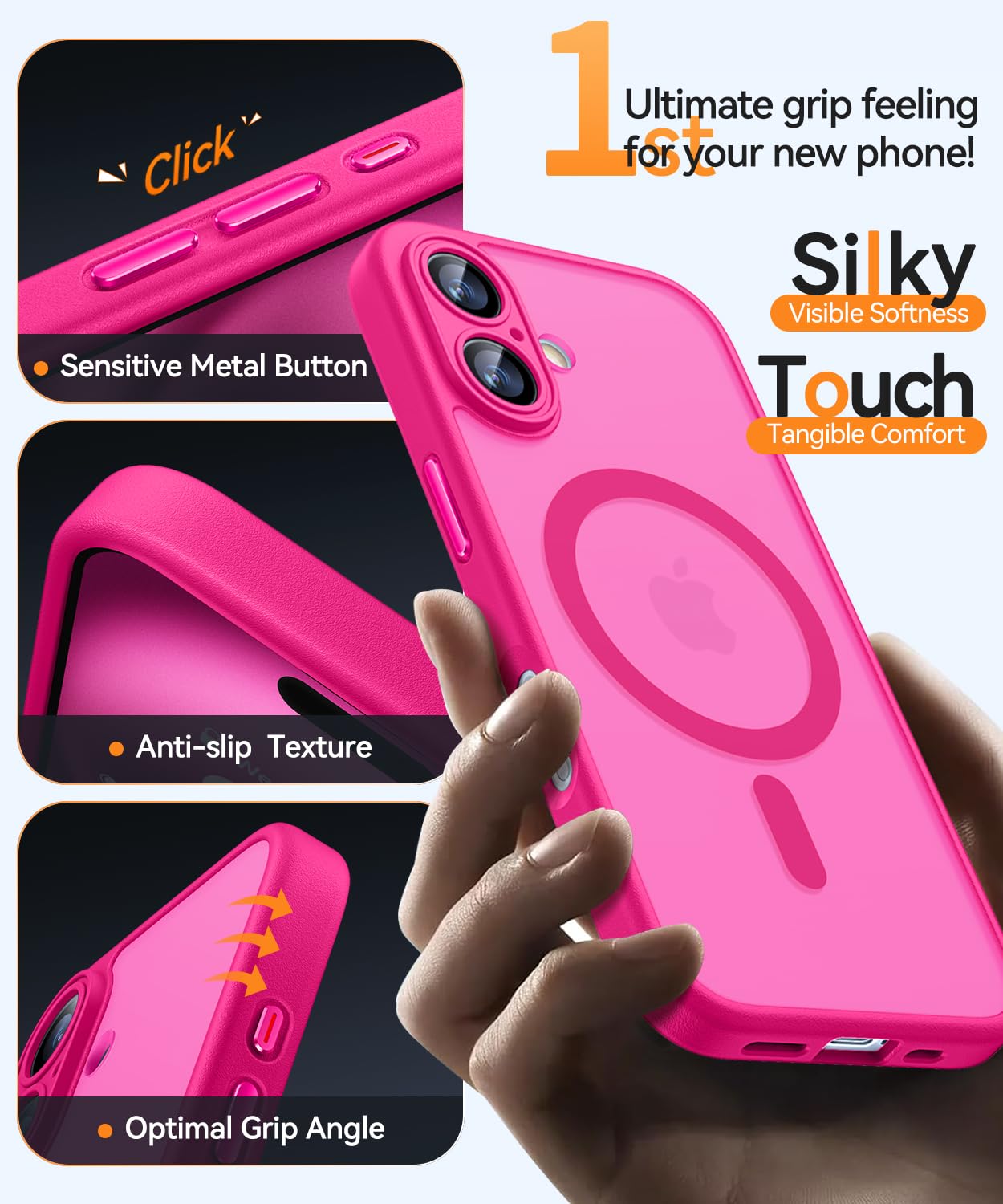 iPhone 16 Case with Camera Protection for Magsafe: Shockproof, Bright Pink