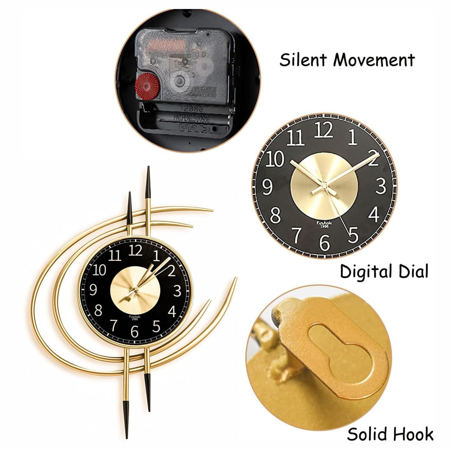 Large modern decorative wall clock (54cm) without ticking noise in gold-black design