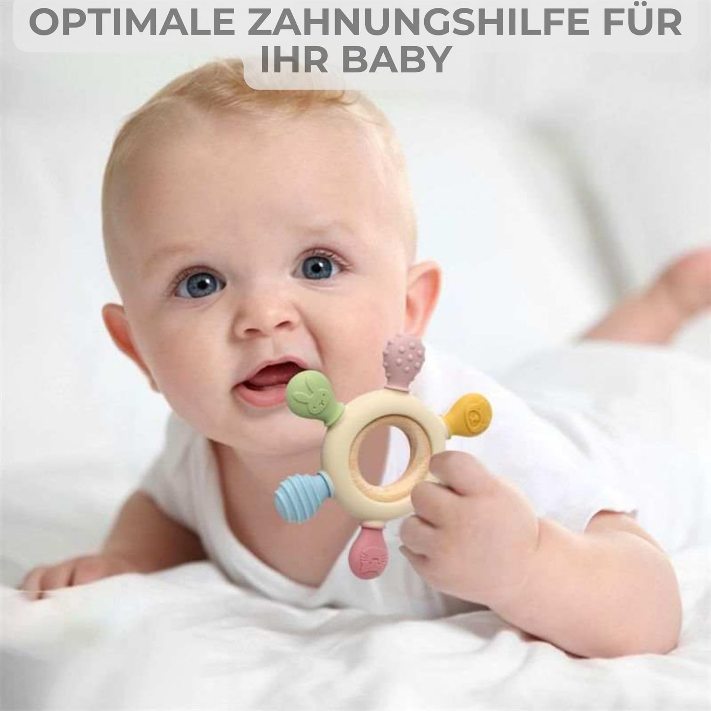 Baby teether for teething aid made of silicone & wood: BPA-free, safe toy