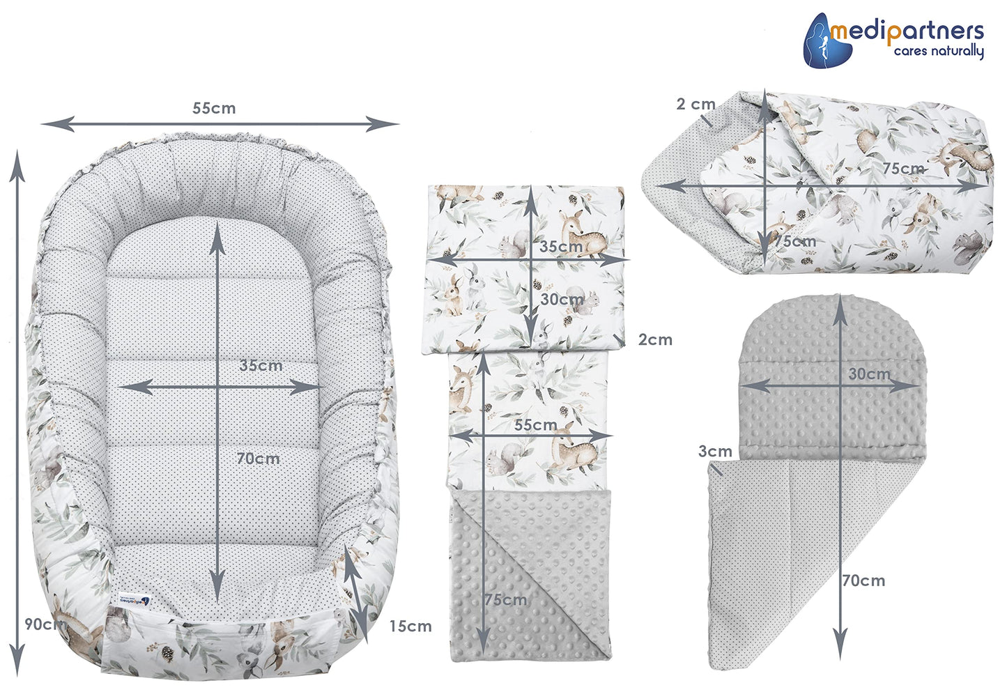 Medi Partners Baby-Nestchen für Neugeborene aus 100% Baumwolle (5-teilig - 100x60x15cm)