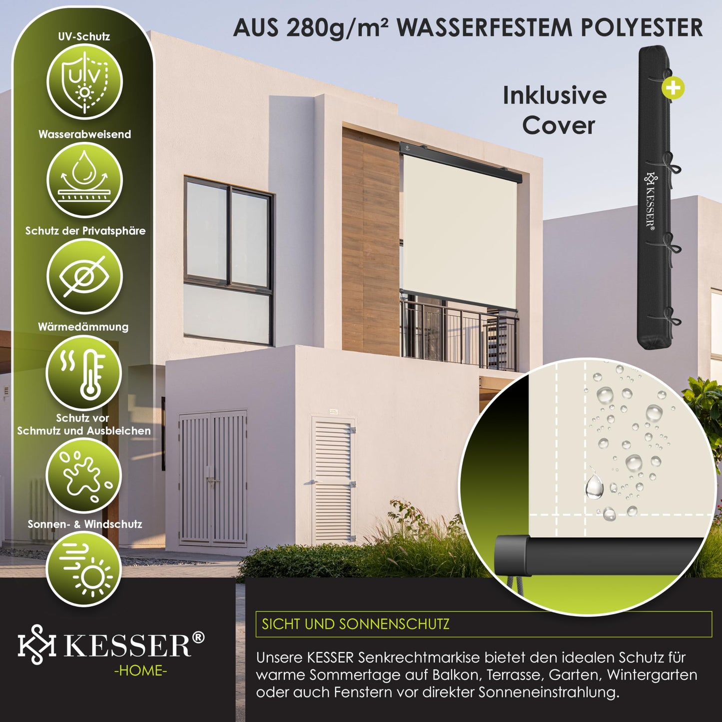 KESSER® Senkrechtmarkise mit Handkurbelmechanismus: Sonnen-und Sichtschutz inkl Montageset & Abdeckung