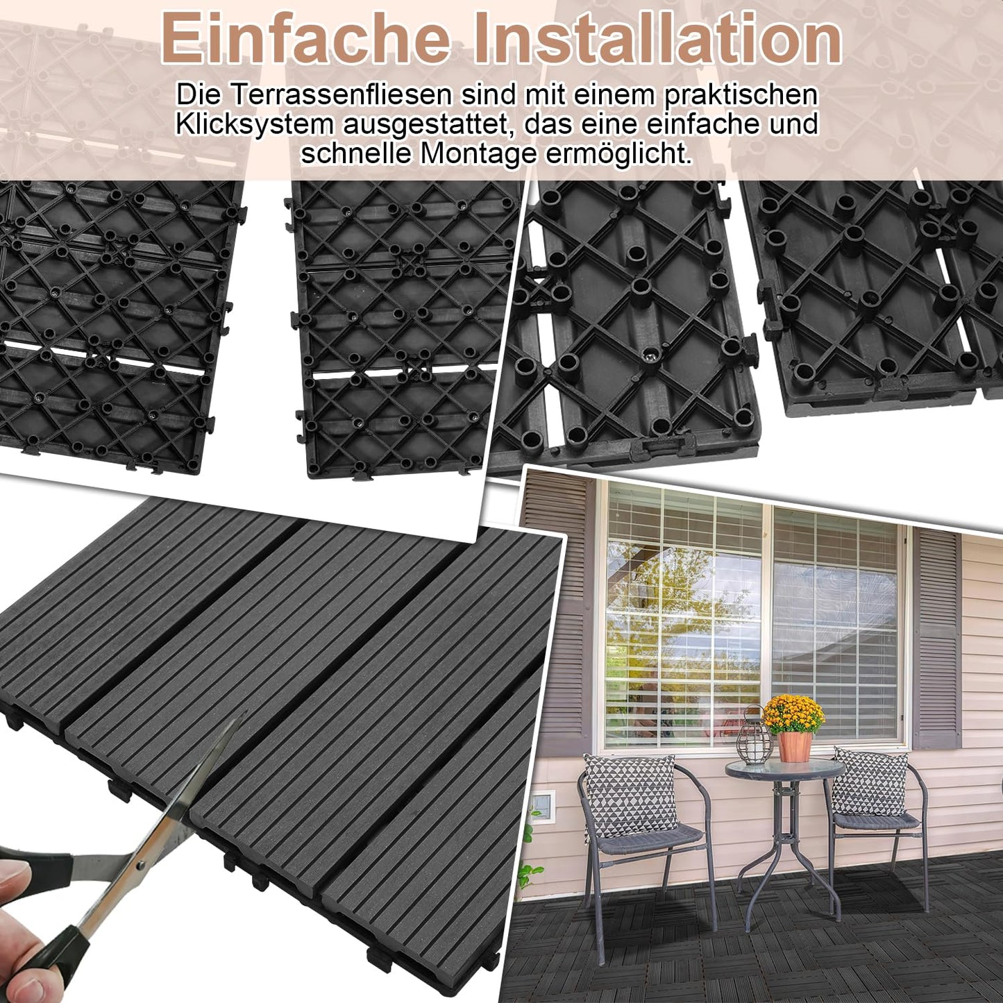 11er-Set WPC Terrassenfliesen für 1m² (30x30cm): Balkon-Klickfliesen mit Drainage | Wasserfest, Korrosionsbeständig