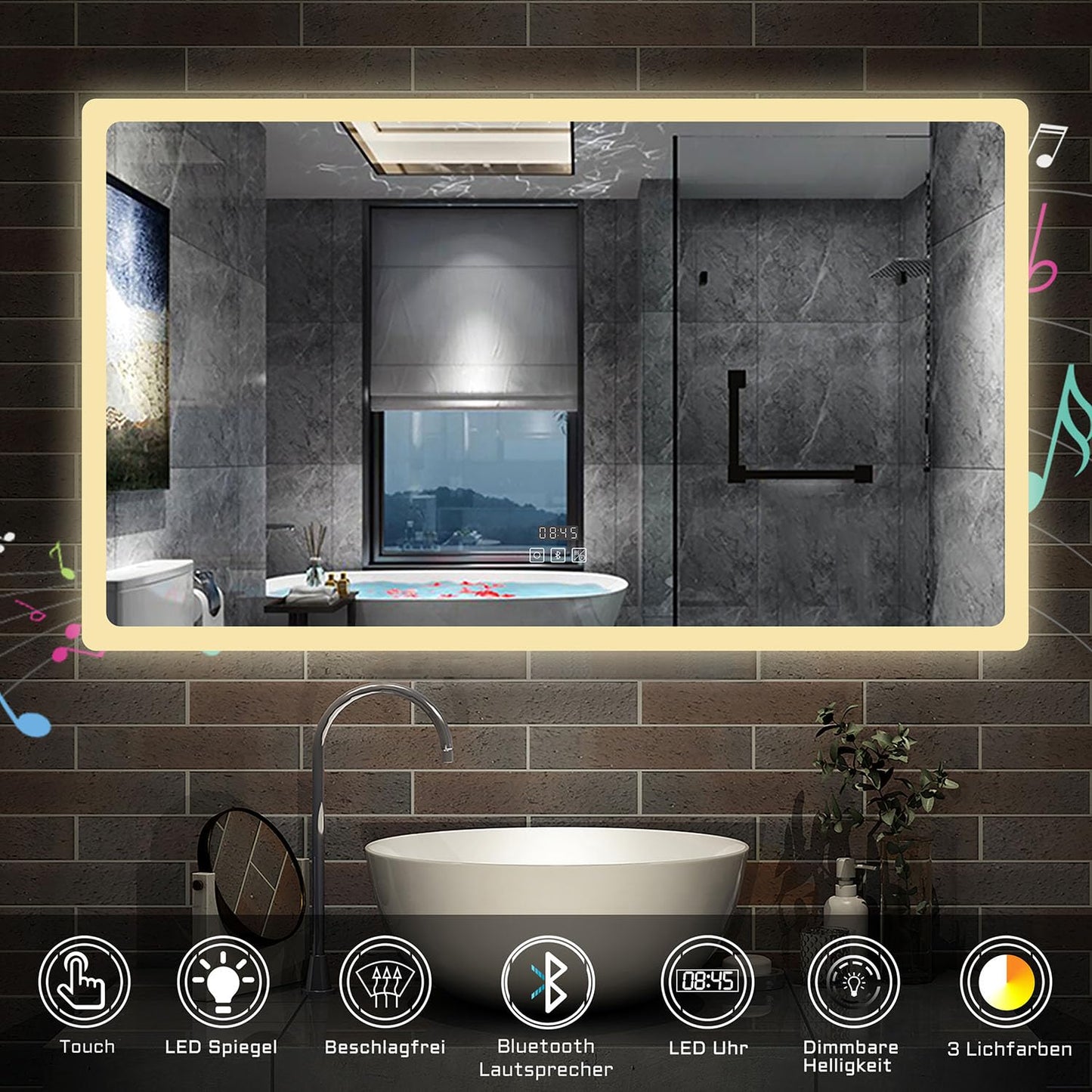 LED Badspeigel (160×80cm) mit Bluetooth & Memory-Touchschalter: Dimmbar, Anti-Beschlag