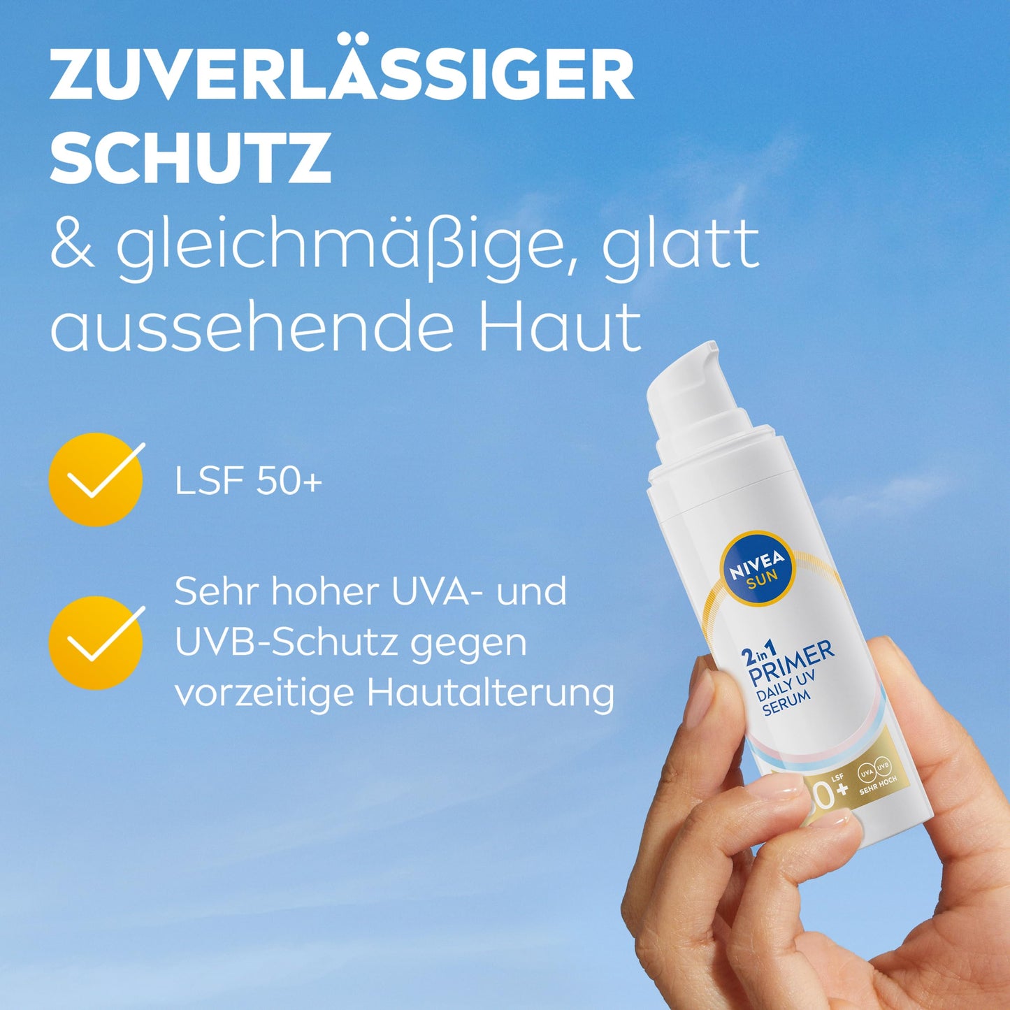 NIVEA SUN 2-in-1 Primer Daily UV-Serum LSF 50+ | Parfümfrei mit Hyaluron und Antioxidans (30ml)