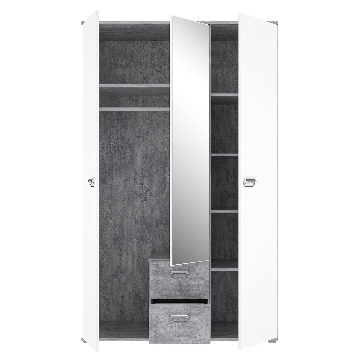 Wardrobe 'EMILY' with concrete look and mirror: light grey with white (Model: EMLS95-C251)