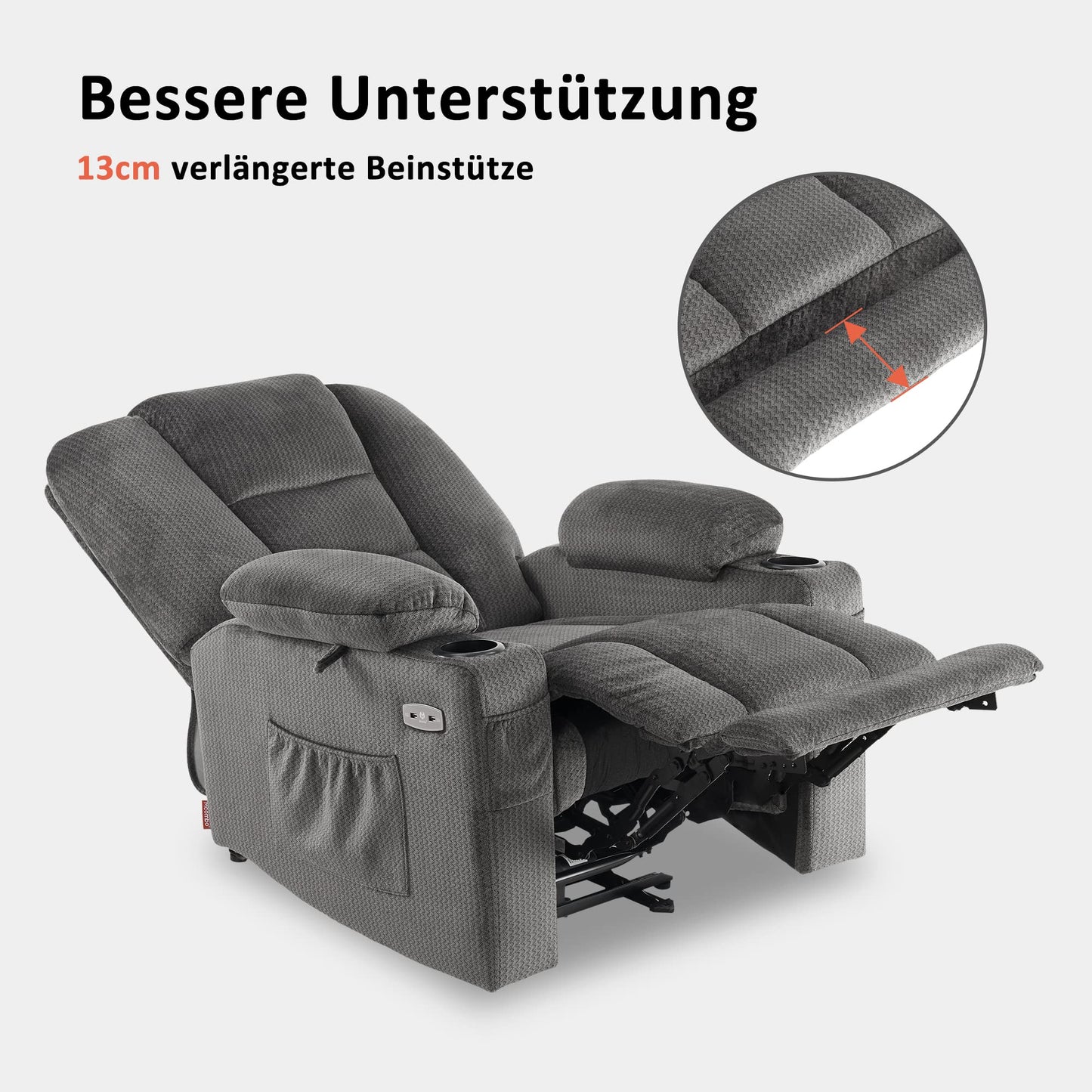 M MCombo TV recliner (7008) with reclining, massage and heat function: Electrically adjustable, USB & cup holder in grey