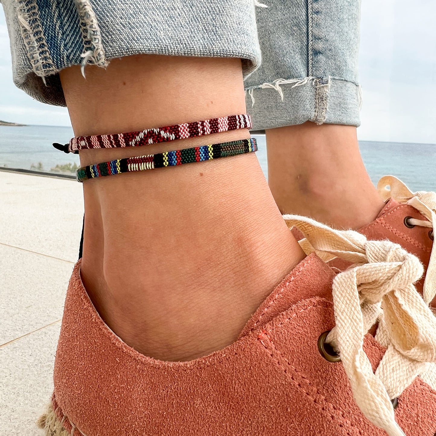 Unisex Surfer Anklet (Set of 2): Thin Boho-Hippie-Ethnic Anklet | Handmade, Waterproof & Adjustable