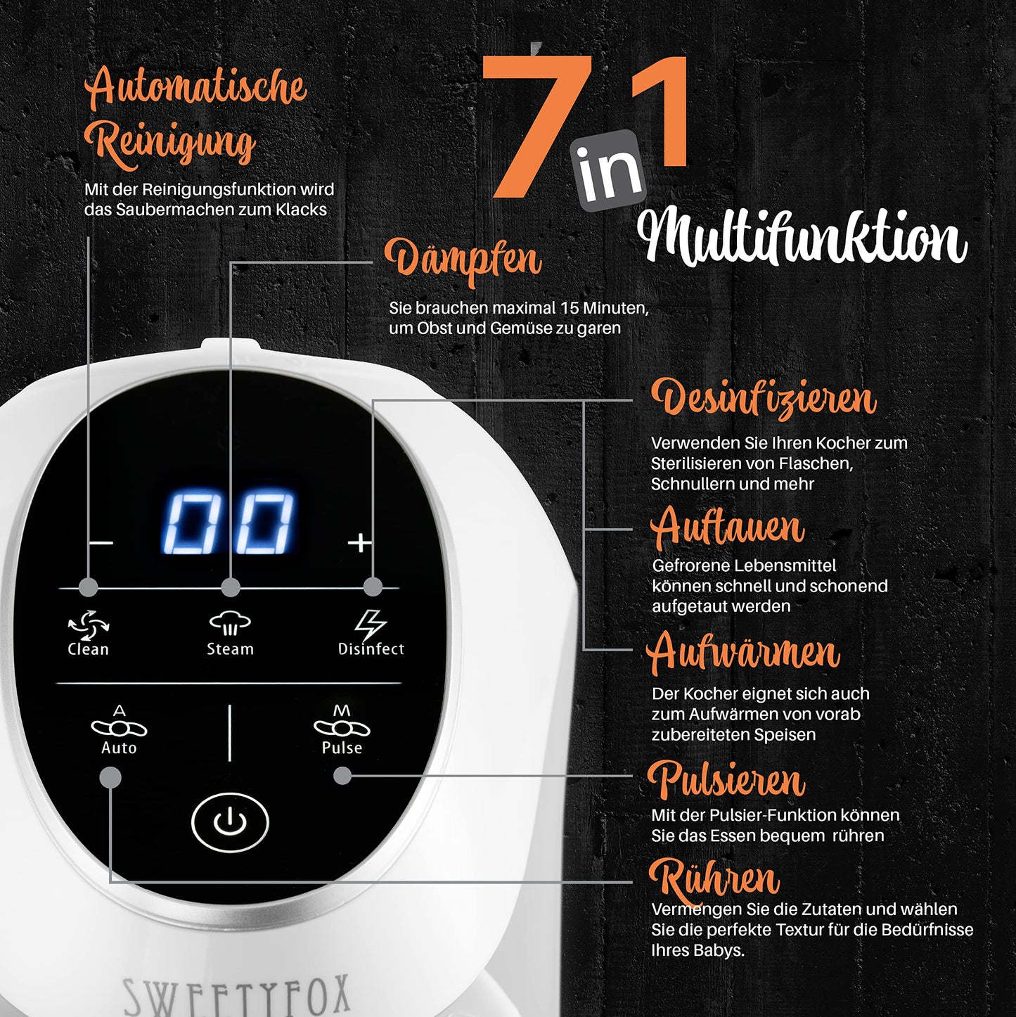 SWEETY FOX: 7-in-1 Multifunktions Babynahrungszubereiter mit automatische Reinigungsfunktion