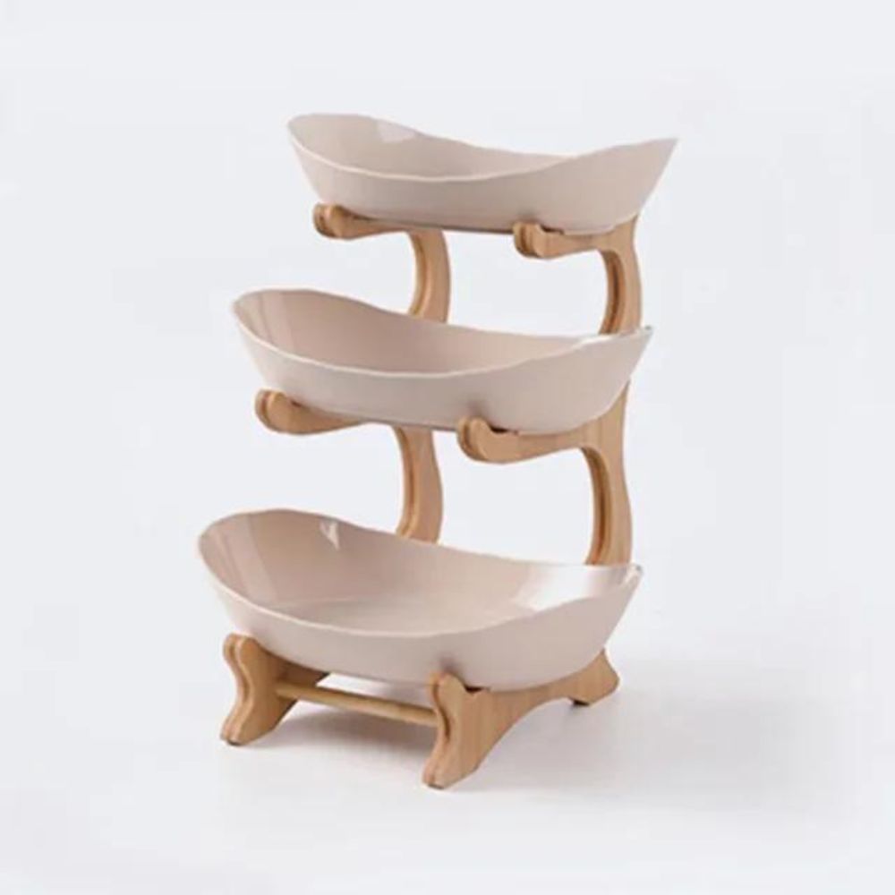 3-stöckige Obstetagere mit Bambusständer: PP-Material Obstschale | Servierständer für Obst, Gemüse, Kuchen, Süßigkeiten (Beige)