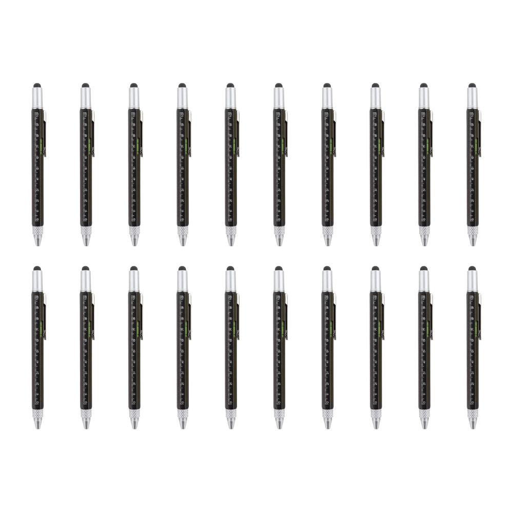 6-in-1 Multifunktionsstift: Stylus-Touch Pen, Schraubendreher (Schlitz + Kreuzschlitz), Lineal, Wasserwaage, Kugelschreiber (20 Stück) Schwarz