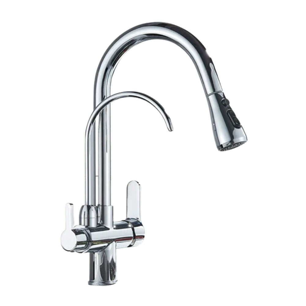 Dual-Wasserhahn mit Filteranschlussoption | 360° drehbar, herausziehbarer 3-Weg Sprüher (Chrom)