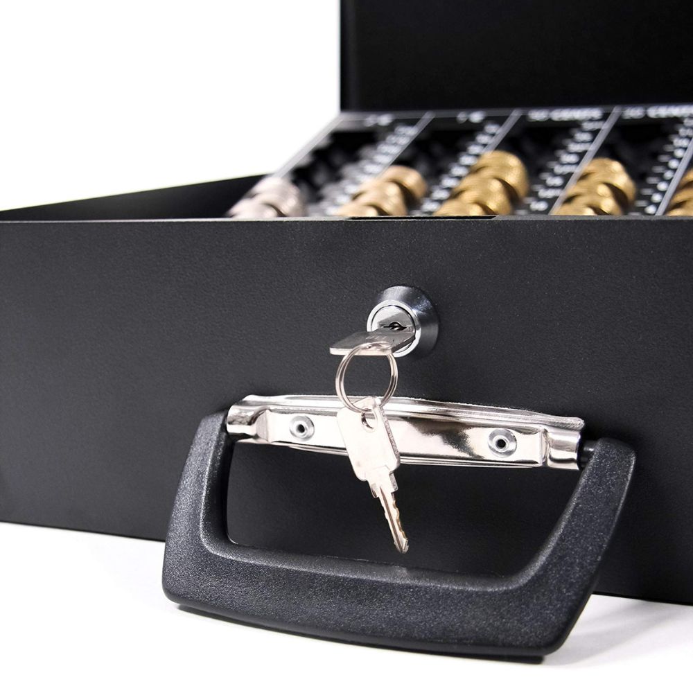 Sturdy steel cash box safe including Euro coin tray: Lockable