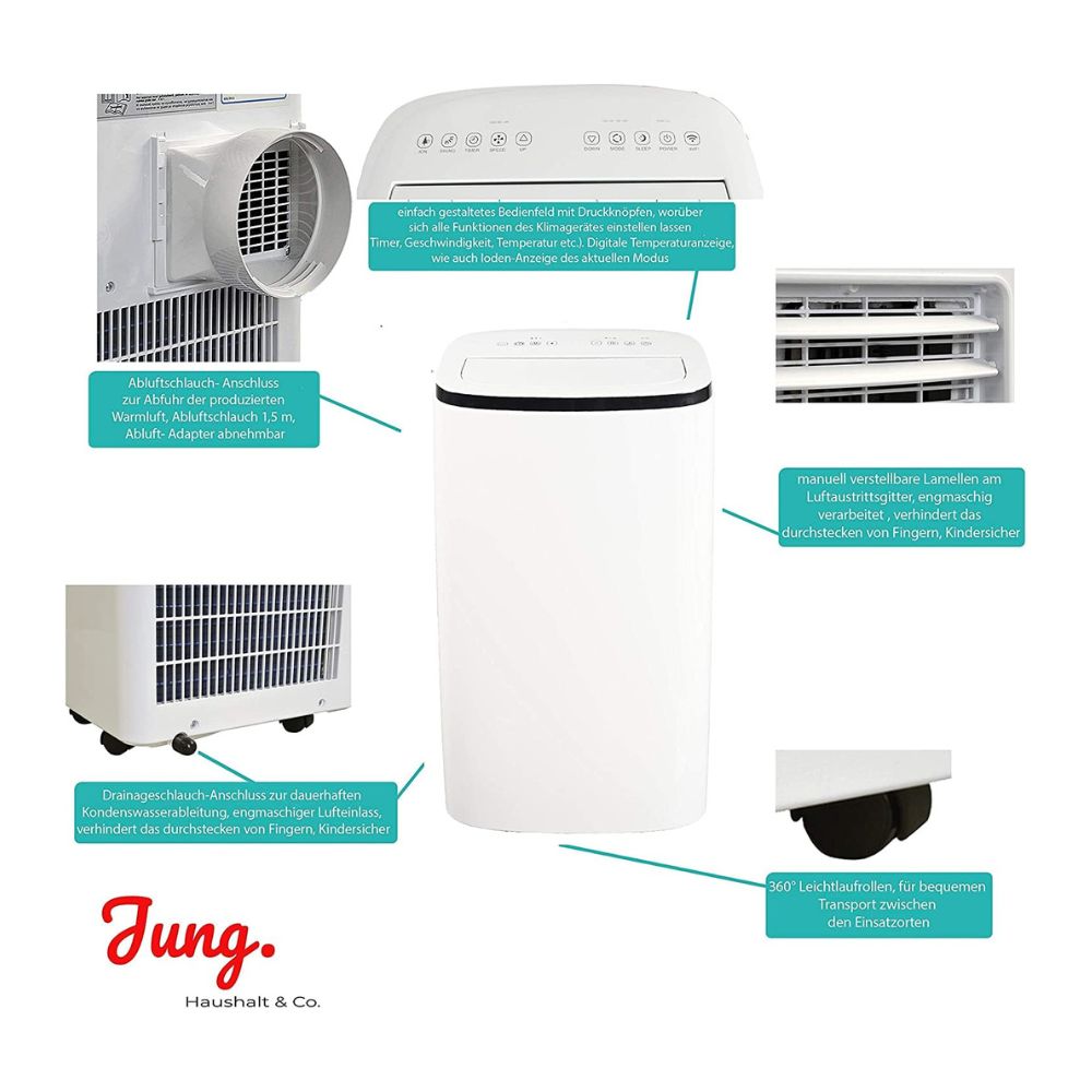 JUNG 'TV08' Mobile Klimaanlage mit Fernbedienung: 16000 BTU, 4,7kW | Kühlen, Entfeuchten, Ventilieren