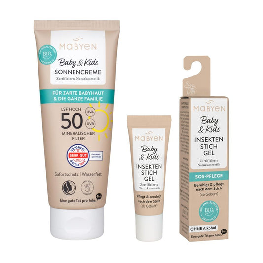 Mabyen Baby & Kids Sommerschutz-Set (2-teilig): Sonnencreme LSF 50 + Insektenstichgel | Ab Geburt, Vegan