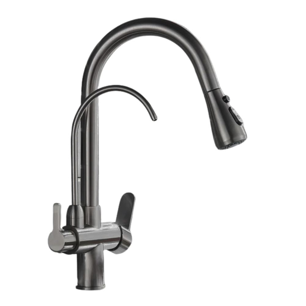 Dual-Wasserhahn mit Filteranschlussoption | 360° drehbar, herausziehbarer 3-Weg Sprüher (Grau)