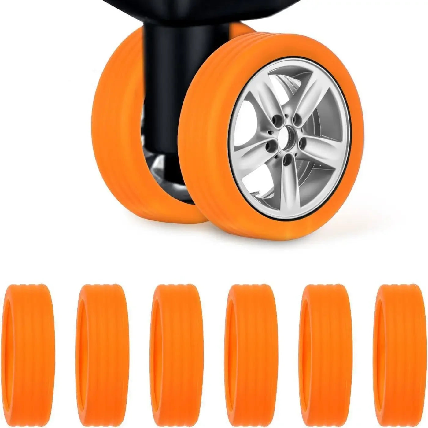 Gepäckrollenschutz: Silikon-Radabdeckung für Trolley, Kofferrollen | Schutzhülle für Reisekoffer (Orange)