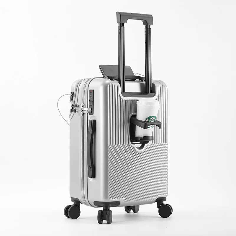 Multifunktionaler Hartschalenkoffer| Frontöffnung, TSA-Schloss, USB, Leise Rollen, Becherhalter (Silber)