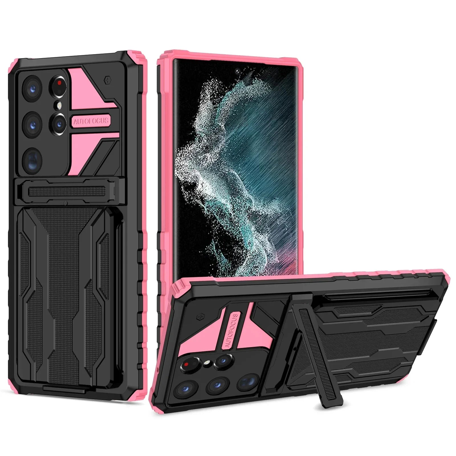 Samsung Kickstand Hülle für S24-S23-S22-S21 Ultra | mit integriertem Kreditkartenhalter (Rosa)