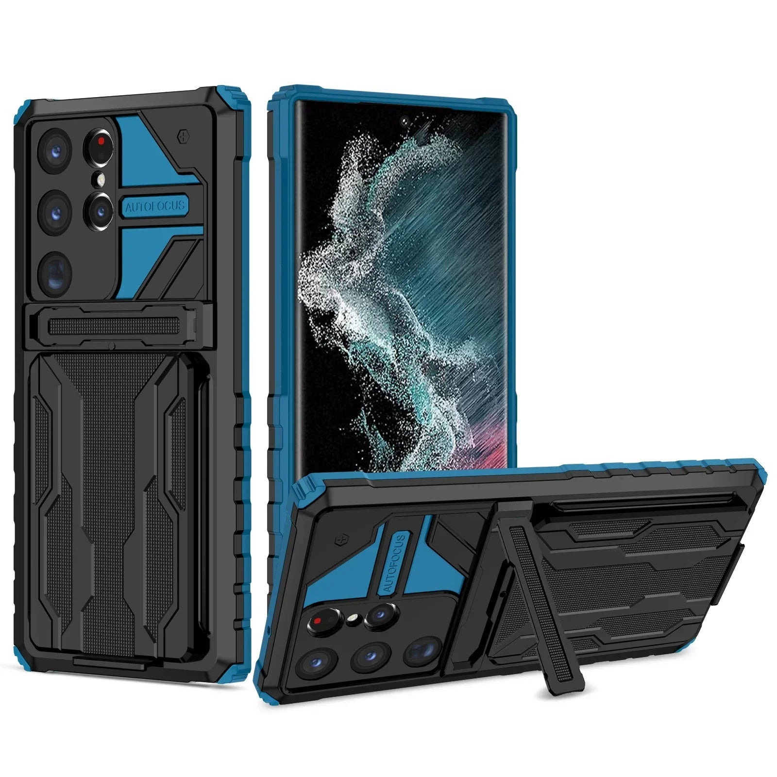 Samsung Kickstand Hülle für S24-S23-S22-S21 Ultra | mit integriertem Kreditkartenhalter (Blau)
