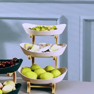 3-stöckige Obstetagere mit Bambusständer: PP-Material Obstschale | Servierständer für Obst, Gemüse, Kuchen, Süßigkeiten (Preview GIF)