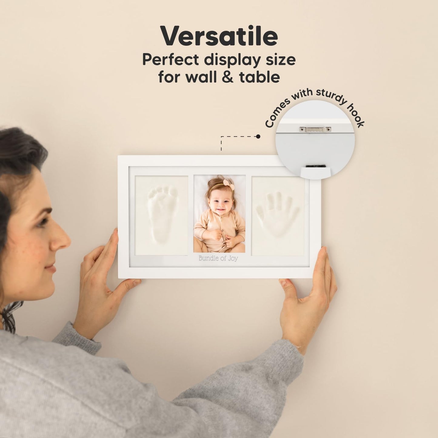 Baby hand and footprint set made of plaster for newborns including photo frame (Alpine White)