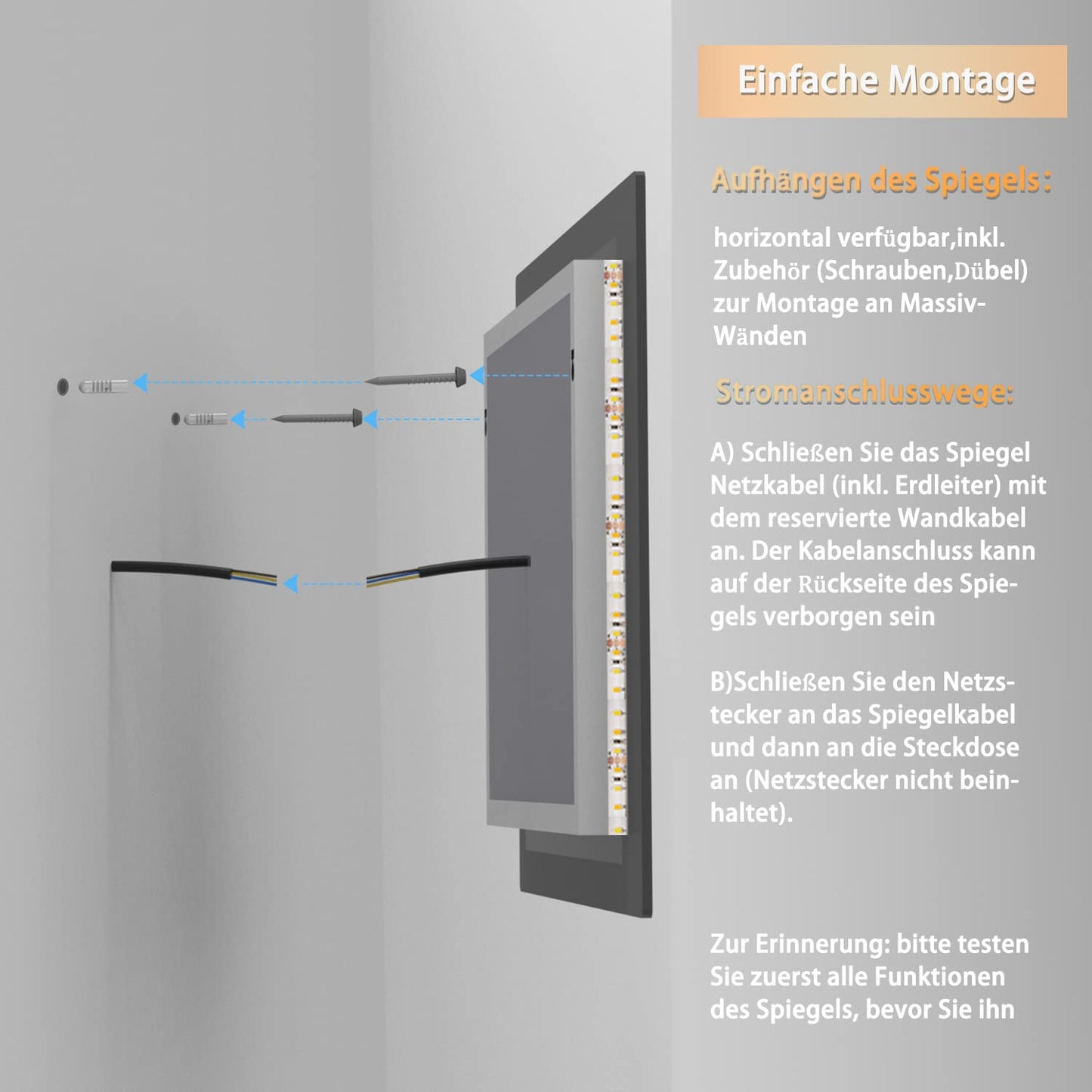 LED Badspeigel (160×80cm) mit Bluetooth & Memory-Touchschalter: Dimmbar, Anti-Beschlag