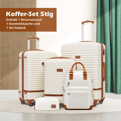 COOLIFE hard-shell travel suitcase set (5 pieces): ABS, 4 wheels, TSA lock | White-brown