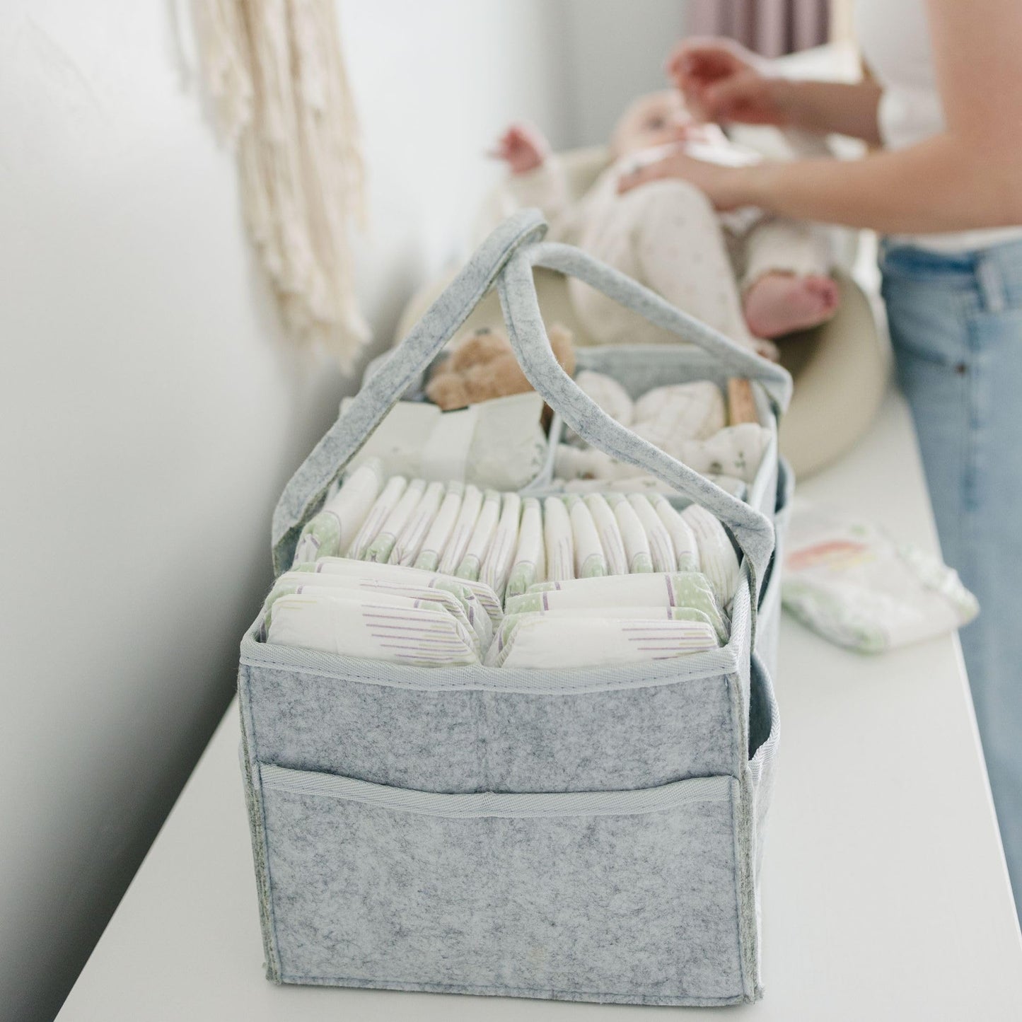 Aufbewahrungskorb für Babyartikel, Wickeltisch & Pflege mit 8 Außentaschen: Baby Geschenk