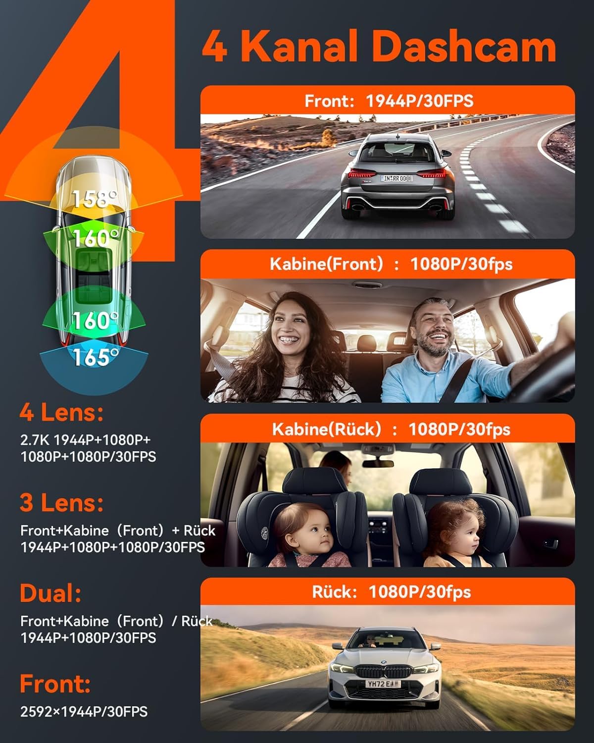 VANTRUE N5 Car Dashcam with Night Vision: 4 Channel, 2.7K, WiFi, 1080P, HDR+, GPS