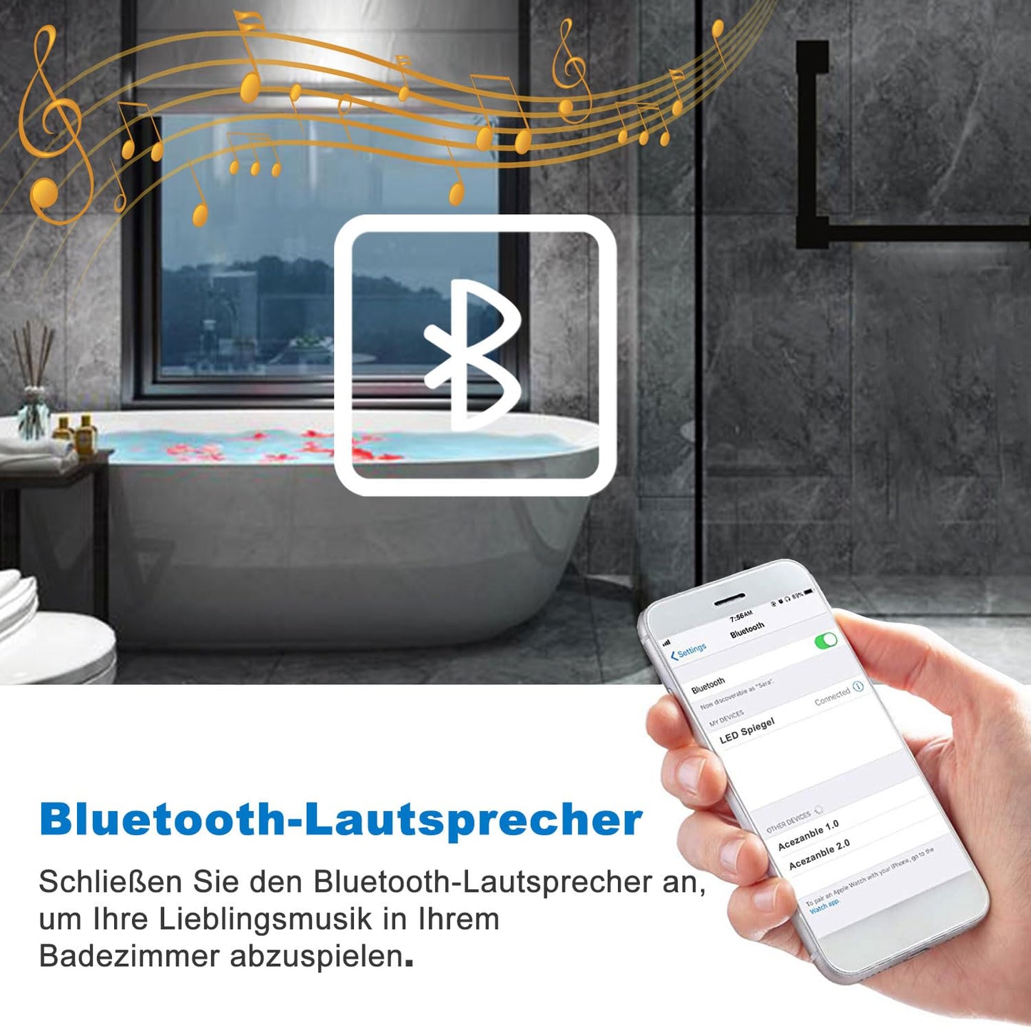 LED Badspeigel (160×80cm) mit Bluetooth & Memory-Touchschalter: Dimmbar, Anti-Beschlag