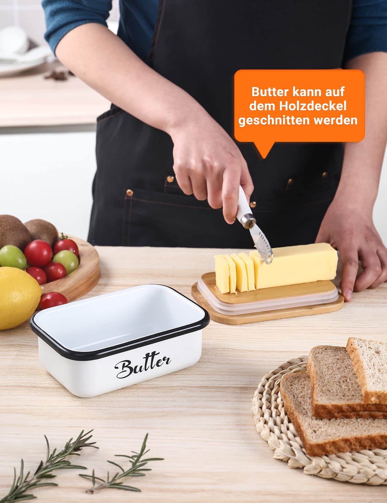 Butter dish with wooden lid for 250g butter with multifunctional butter knife