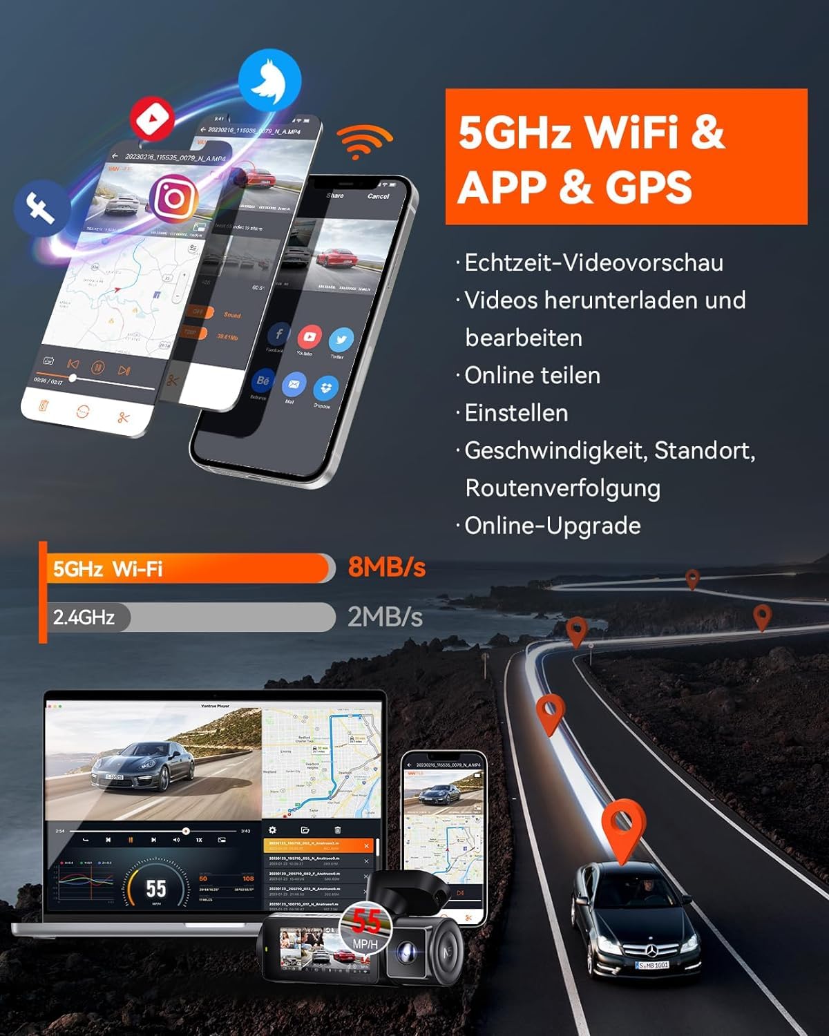 VANTRUE N5 Car Dashcam with Night Vision: 4 Channel, 2.7K, WiFi, 1080P, HDR+, GPS