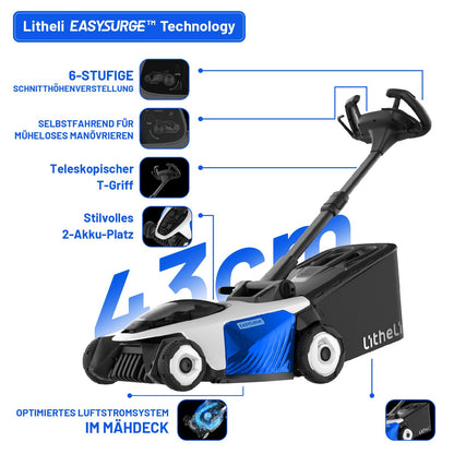 Litheli Easysurge Akku Rasenmäher inkl. 2x4,0Ah Akkus: Selbstfahrend (2,2-4,7 km/h), Bürstenloser Motor