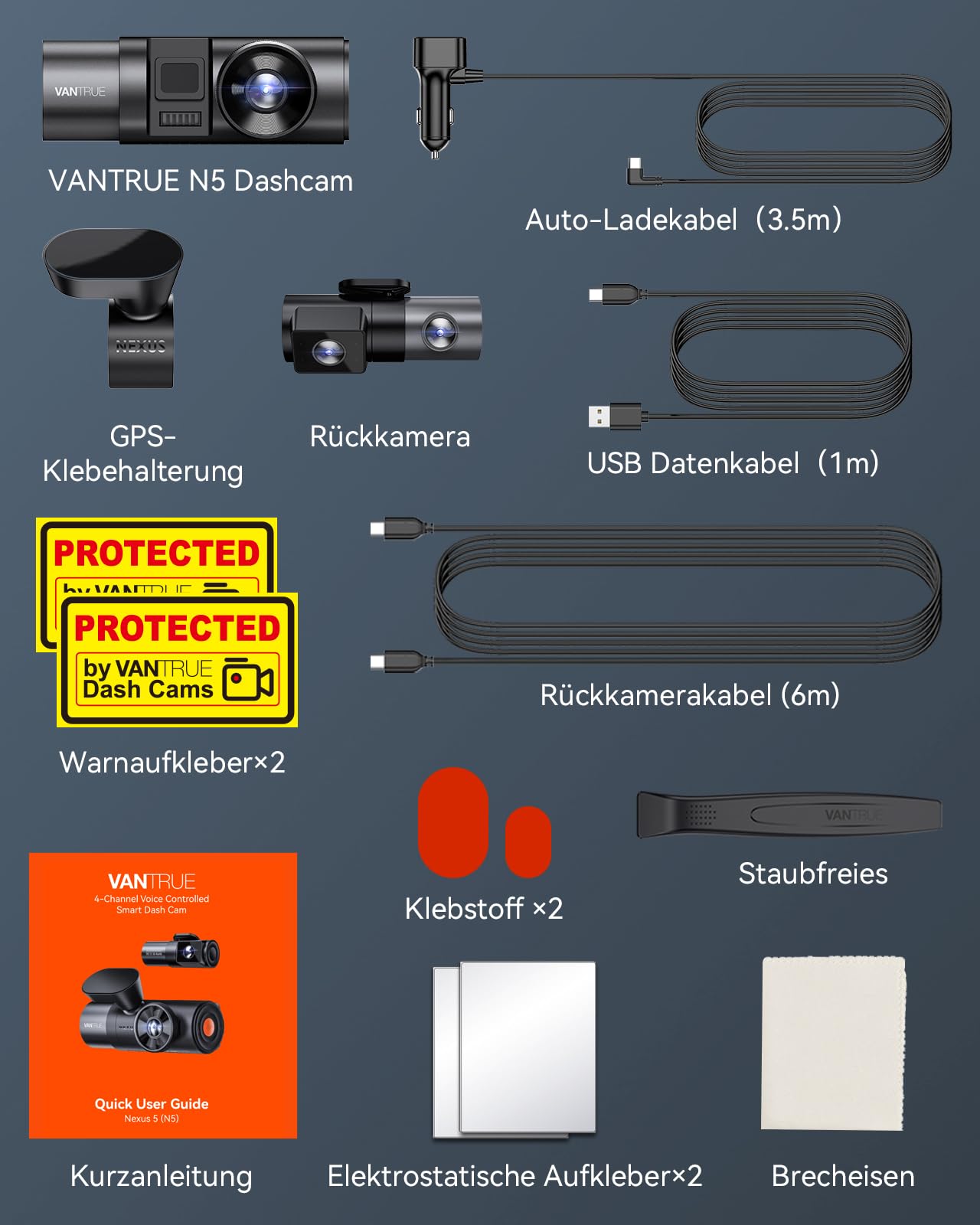 VANTRUE N5 Car Dashcam with Night Vision: 4 Channel, 2.7K, WiFi, 1080P, HDR+, GPS