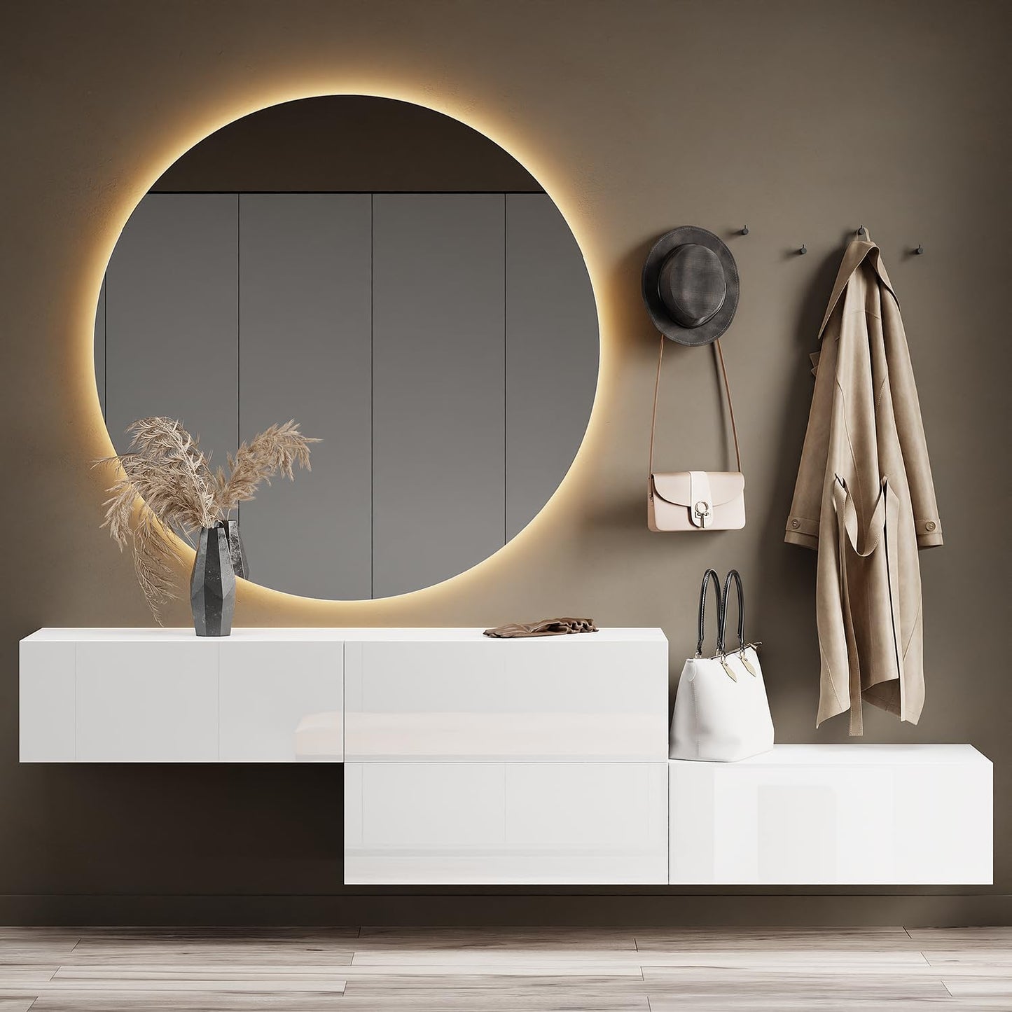 Planetmöbel hallway wardrobe (2x160cm) including round mirror with lighting (100cm) in white